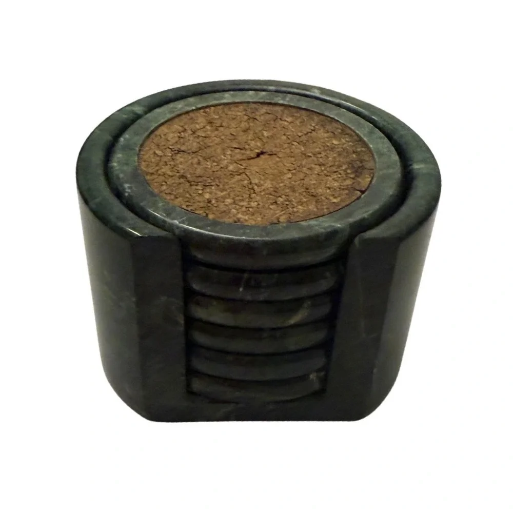 Vintage Dark Green Marble Coaster Set with Cork Inlays and Matching Holder 6pc